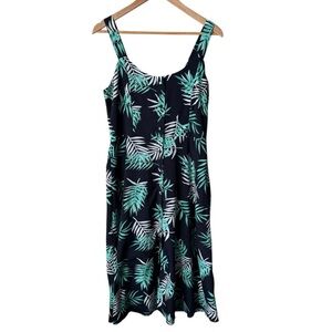 Papillon Tropical Print Sleeveless Blue Midi Dress Faux Buttons Smocked Back XL
